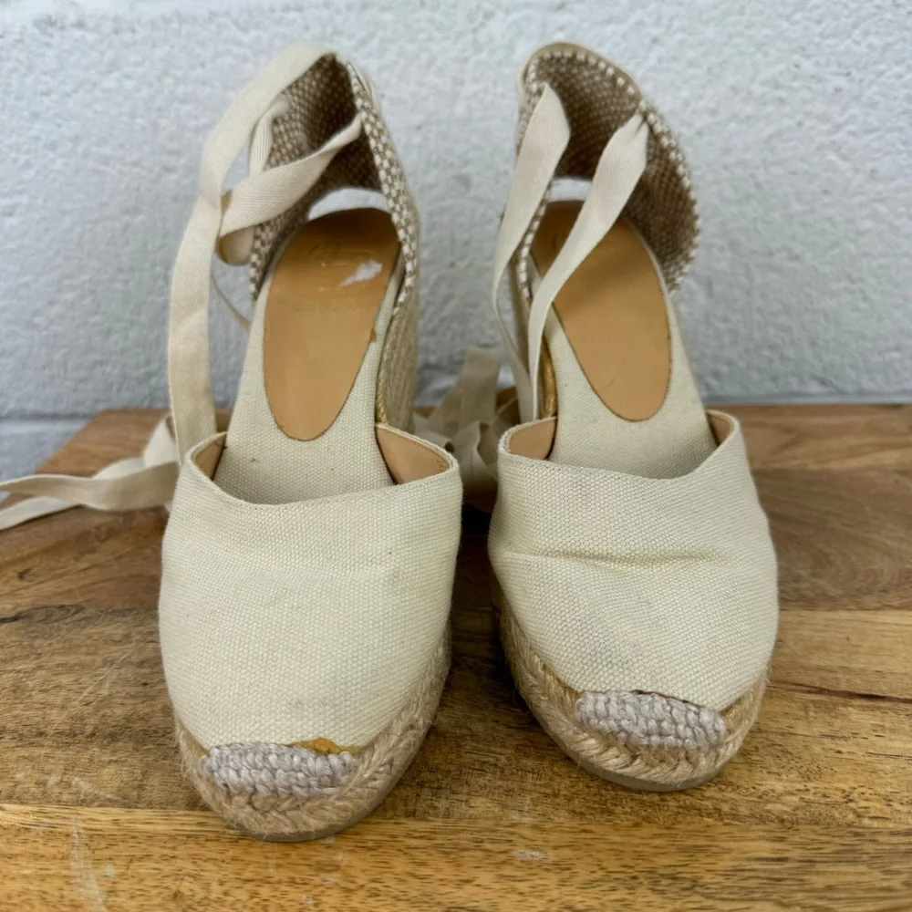 Castañer Canvas Lace-Up Espadrille Wedge Shoes EU 37 Ivory Made in Spain